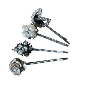Black Pearl and Rhinestone Hair Pins Vintage Repurposed Jewelry Formal Elegant